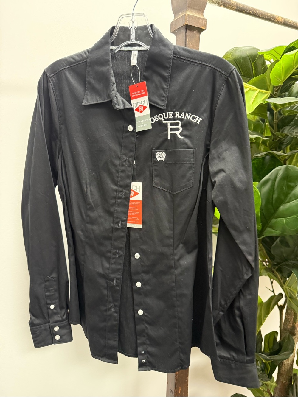 Cinch Black Long Sleeve Button-Down Shirt with White Embroidery